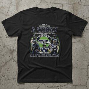 Never Underestimate A Woman Who Loves Seattle Seahawks Black Graphic Tee